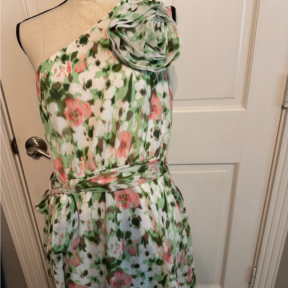 New York & Company One-Shoulder Floral Dress - Green and Pink
